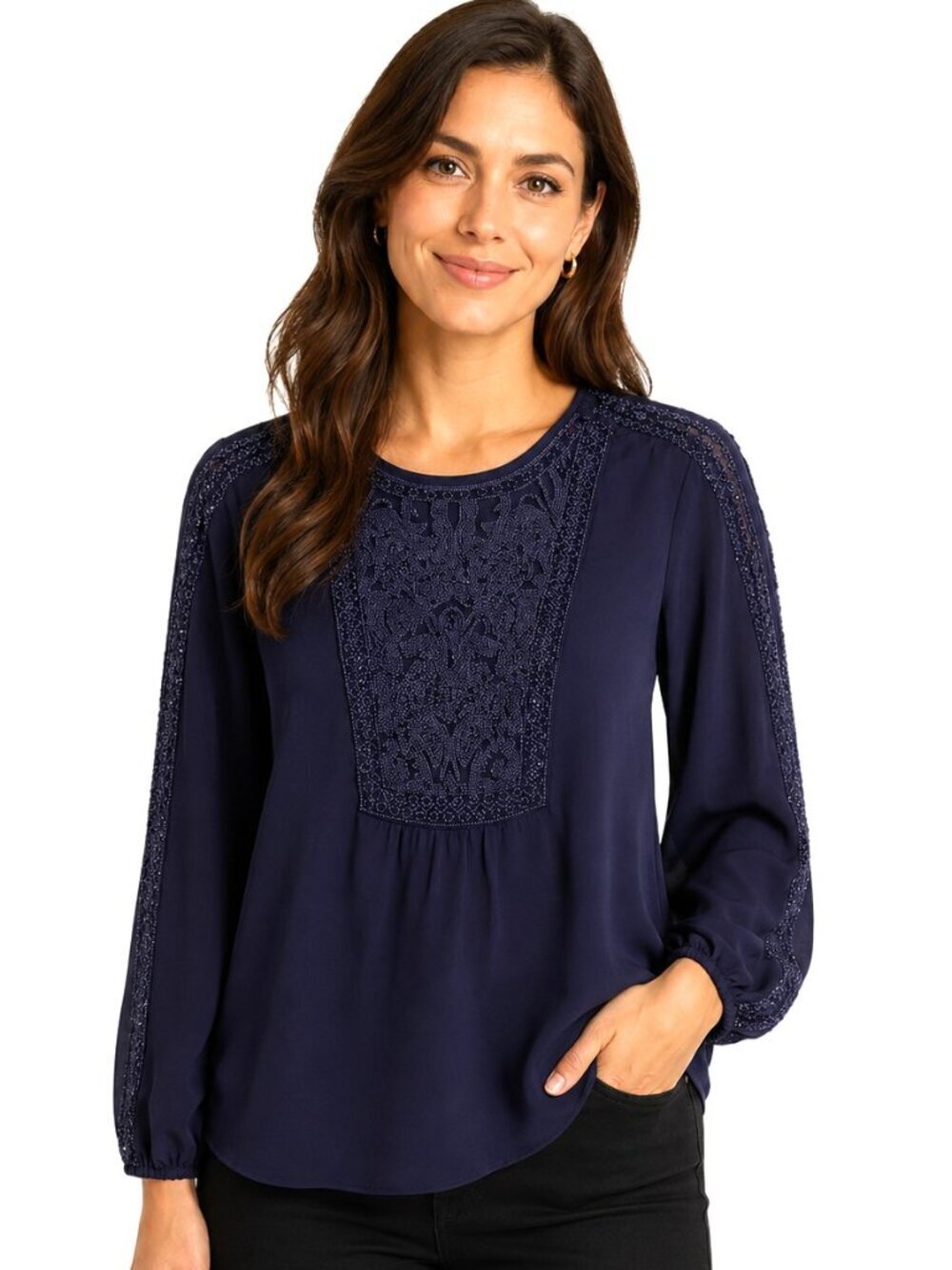 Elie Tahari Deep Purple Silk Beaded LS Blouse